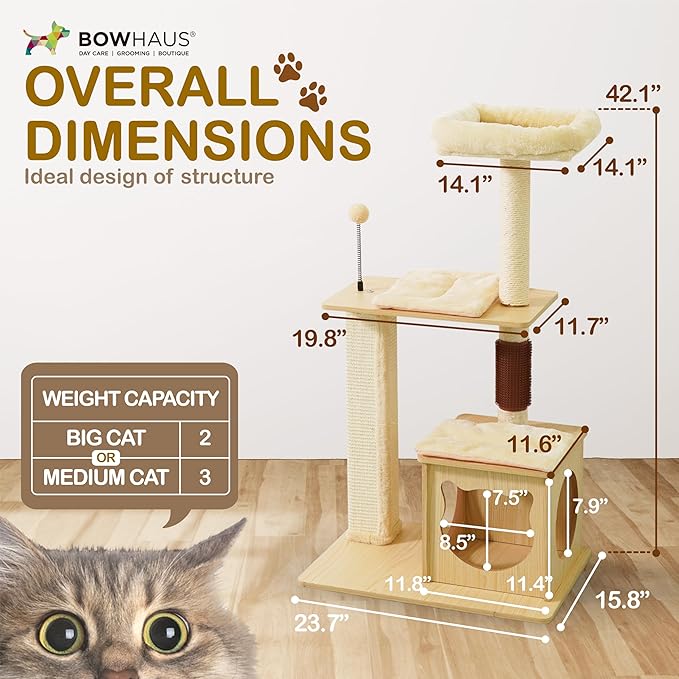 42” Wooden Cat Tree Tower for Indoor Large Cats & Kittens, Modern Tall Cat Climbing Tree w/Cave Condo, Scratching Posts, Perch, Multi-Level Cat Tower w/Interactive Ball & Detachable Cushion