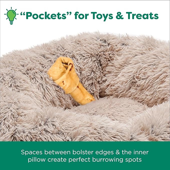 Furhaven 36" Round Calming Donut Dog Bed for Large/Medium Dogs, Refillable w/ Removable Washable Cover, For Dogs Up to 75 lbs - Shaggy Plush Long Faux Fur Donut Bed - Taupe, Large