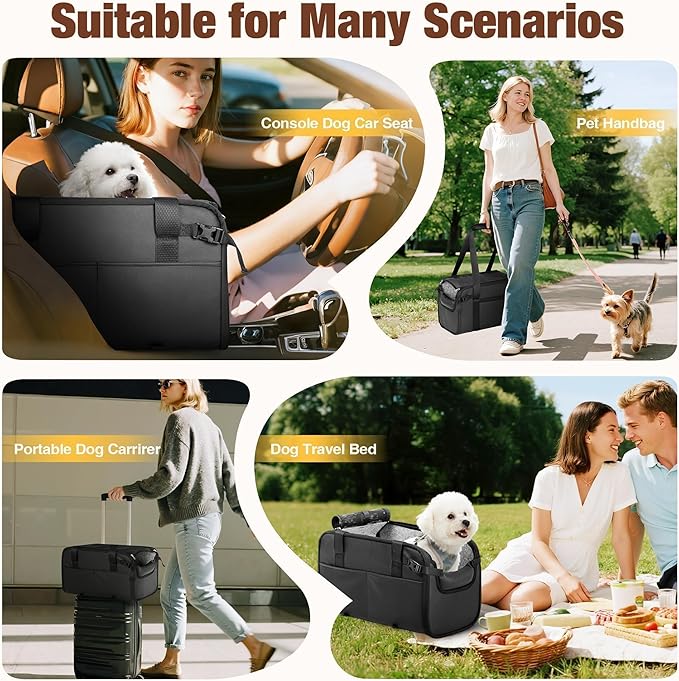 YUDODO Large Dog Car Seat for Center Console (Width＞9.5in) Fits 10-20lbs, Anti-Slip Puppy Cat Travel Portable Booster Seat, Luxury Pet Car Bed Carseat PU Leather Black