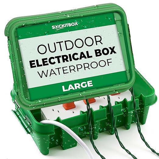 SockitBox – The Original Weatherproof Connection Box – Indoor & Outdoor Electrical Power Cord Enclosure for Timers, Extension Cables, Reels, Transformers, Power Strips, Lights & Tools – Large – Green
