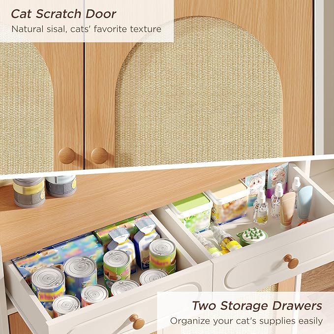 Cat Litter Box Enclosure Furniture, Wooden Hidden Litter Box Furniture with Double Rattan Scratching Board Doors, 2 Drawers, Litter Box Cabinet, Cat Cabinet, Natural