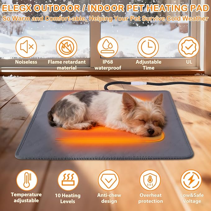 ELEGX Pet Heating Pad, 10 Adjustable Temperature Dog Cat Heating Pad, Waterproof Electric Heated Cat Bed with Smart Thermostat Switch & Chew Resistant Cord, Non-Slip Pet Heated Mat 17.7x17.7in