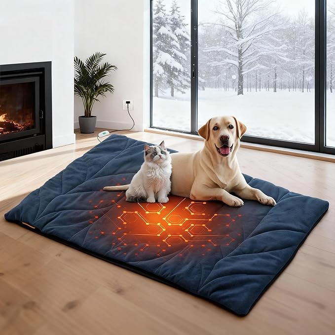 Dog Heating Pad (48"x28") - Waterproof Electric Heated Mat & Pet Bed for Indoor and Outdoor Use, Chew Resistant Cord, Machine Washable Cover with Wheat Pattern Quilting, for Cats and Pets