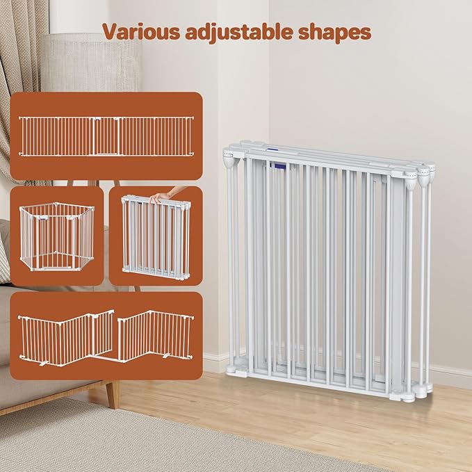 Dog Gate 27.5"-129" Extra-Wide Playpen, Freestanding Pet Gate, Puppy Fence with Auto-Close Door, Double Locking System for Fireplace, Foldable (White, 5 Panels)