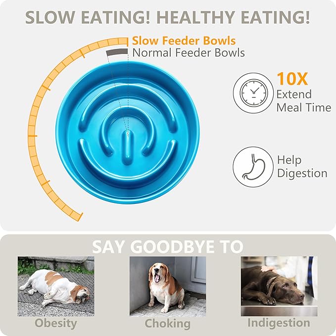 Ceramic Slow Feeder and Water Bowl Set for Medium and Large Dogs, 8.0inch Ceramic Dog Bowls Elevated with Wooden Stand, 2.0 Cups Dog Slow Feeder(30oz) and 70oz Water Bowl Set, Blue