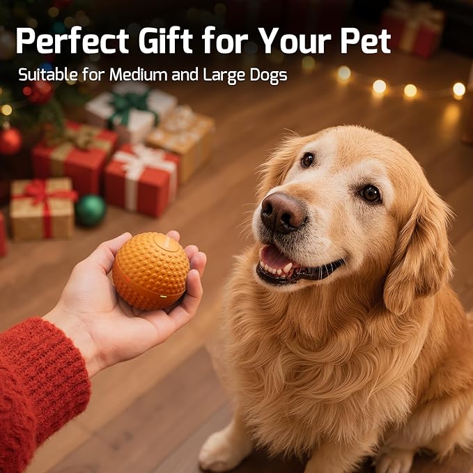 Chew Resistant Smart Interactive Dog Balls, Durable Food-Grade Rubber Material, Automatic Moving, Bouncing, Rotating Toy with Light for Medium, Large Dogs, IPX7 Waterproof (Orange)