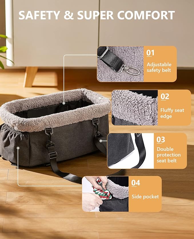 BurgeonNest Dog Carseat for Small Dog, Upgraded Console Pet Booster Seat with Metal Frame, Pet Carseat with Double Protection Seat Belts, Washable Cushion, Safety Leash and Storage Pocket(Large)