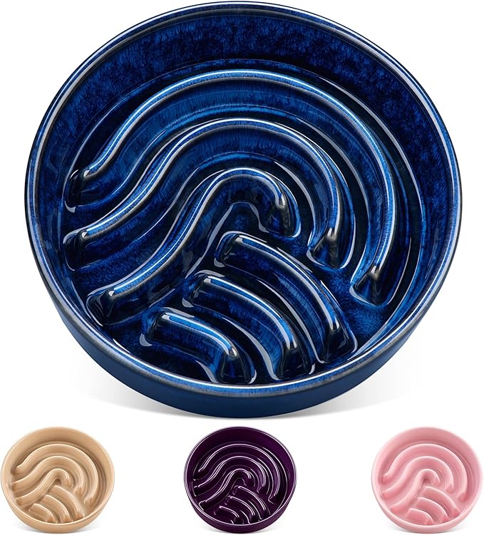 vancasso Slow Feeder Dog Bowl, 3 Cup Ceramic Slow Feeding Food Dish for Large Breed, Puzzle Dog Food Bowl for Fast Eater, Blue