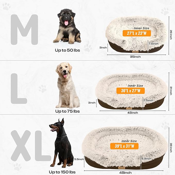 Fluffy Orthopedic Dog Bed for Extra Large Dogs, Calming Plush Sofa Bed with Curved Bolster Support and Egg-Crate Foam Base, 48" Cozy Oval Pet Donut Bed with Washable Cover, Coffee