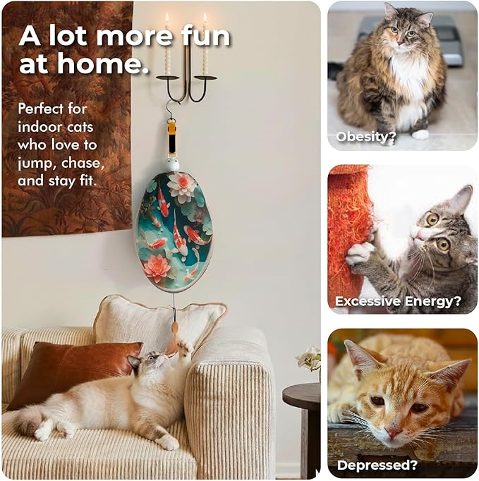 Interactive Cat Toys for Indoor Cats, Automatic Concealed Hide and Seek Hanging Feather Cat Toy, Rechargeable Motion-Activated Enrichment Toys for Bored Adult Cats (Fish Pond Pattern