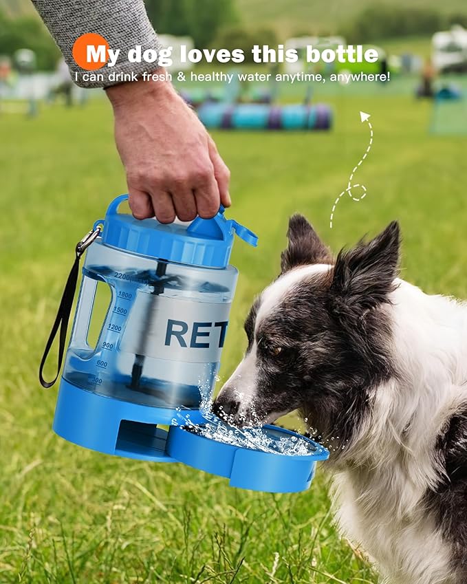 77oz Large Dog Water Bottle - Portable Travel Dog Water Dispenser & Bowl - Leak-Proof Pet Water Jug for Hiking, Camping, Walking & Car Trips, Blue