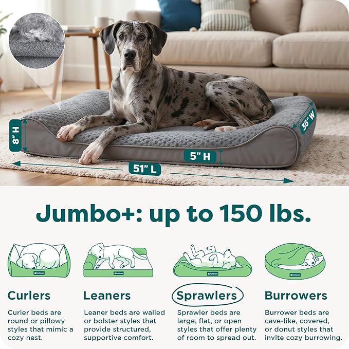 Furhaven Orthopedic Dog Bed for Large Dogs w/ Removable Washable Cover, For Dogs Up to 150 lbs - Ultra Plush Faux Fur & Suede Luxe Lounger Contour Mattress - Gray, Jumbo Plus/XXL