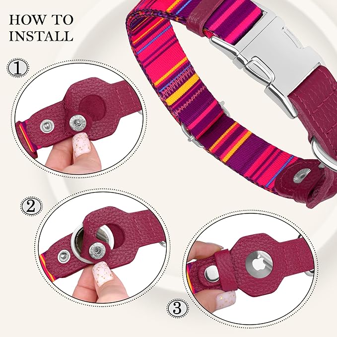 AirTag Dog Collar for Small Medium Large Breed - Adjustable Cute Pattern Dog Collar with Airtag Holder - Soft Leather Tracker GPS Apple Air Tag Pet Collars (Medium, 14"-18" Neck Fit, Striped)