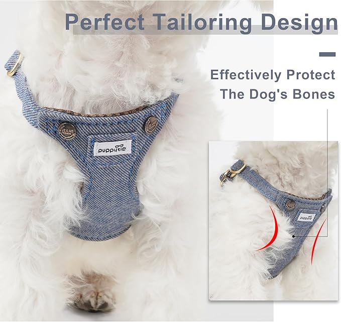 Puppytie No Pull Small Dog Harness with Multifunction Dog Leash,Lightweight Soft Adjustable No Choke Escape Proof Pet Harness Vest Pet Harness Vest,Denim Light Blue,S