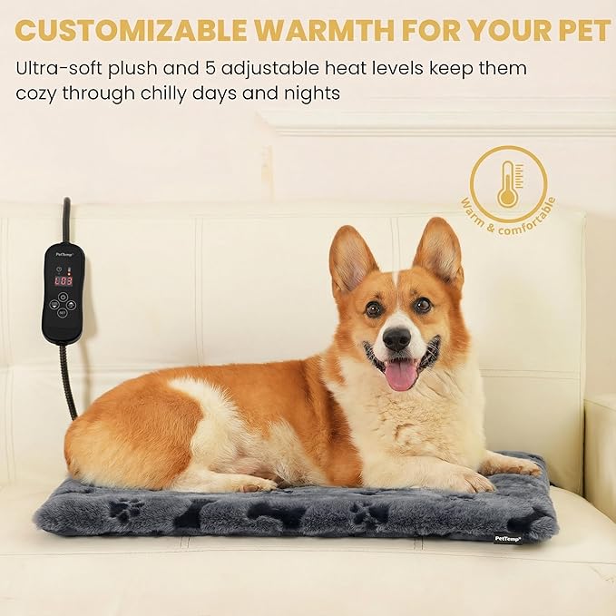 Pet Heating Pad for Cats Dogs, Heated Cat Dog Bed with 5 Temperature Levels, Timer, Auto Shut-Off, Thick Paw-Print Cover, Chew Resistant Cord for Indoor & Sheltered Outdoor Use (L: 26" x 20" x 1.3")