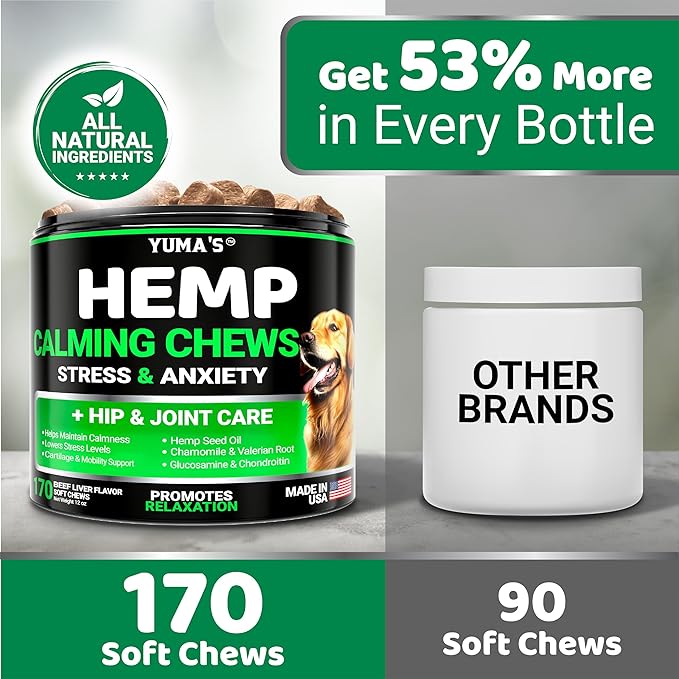 Hemp Calming Chews for Dogs - Advanced Dog Calming Chews - 170 Treats - Anxiety Relief Treats - Hemp Oil - Separation Aid, Stress, Hip and Joint Supplement for Canine Health Support - Beef Flavor