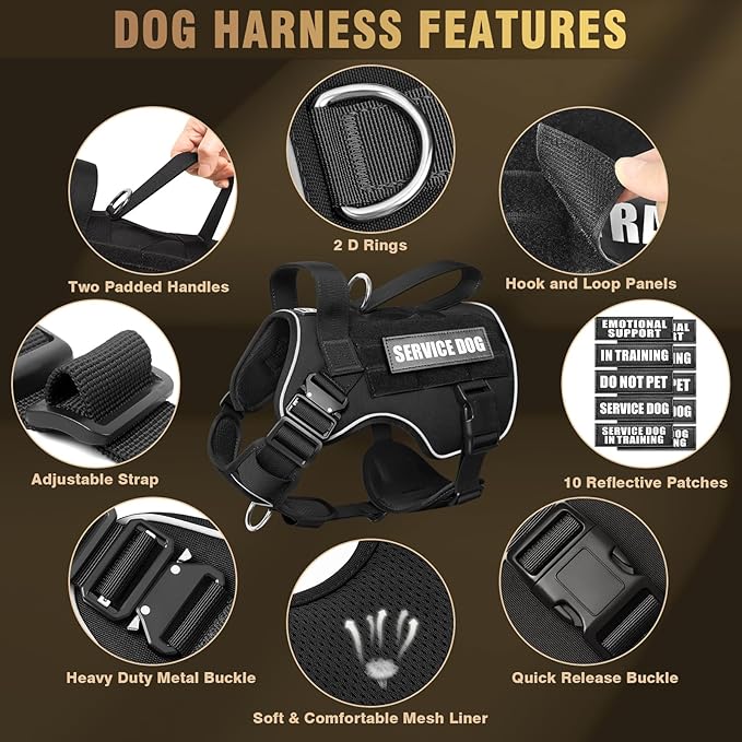 WINSEE Tactical Dog Harness for Large Dog, Heavy Duty Service Dog MOLLE Vest with 10 Pet Patches, No Pull Military Working Vest for Training Hunting Walking