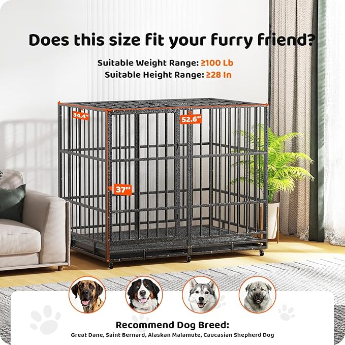 Heavy Duty Dog Crate, 54 Inch Dog Kennel Indoor with Removable Tray for High Anxiety Dogs, Indestructible Dog Crate Escape-Proof with Wheels for Small, Medium, Large, XL, XXL Dogs