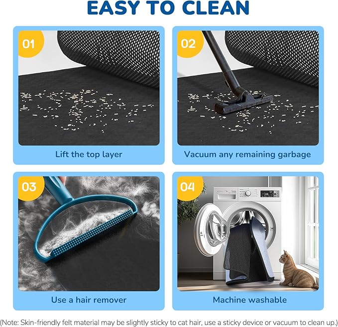 BurgeonNest Cat Litter Mat 47" x 35" Upgraded Felt & Fabric Material Cat Trapping Mat for Fewer Creases, Extra Large Hold 3-4 Litter Boxes Urine-Proof Non-Slip, Machine Washable, Soft on Paws, Black