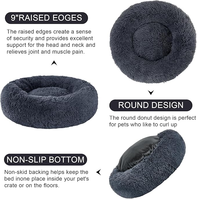 Dog Calming Beds for Small Medium Large Dogs - Round Donut Washable Puppy Dog Bed, Anti-Slip Faux Fur Fluffy Donut Cuddle Anxiety Cat Pet Bed(20" Dark Grey)