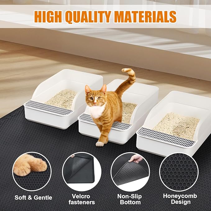 Cat Litter Mat - Extra Large XL 45"x32" Cat Litter Trapping Mat,Honeycomb Double Layer Traps Litter,Washable & Urine Proof,Non-Toxic,Soft EVA Litter Box Mat for Multi-Cat Homes(Black)