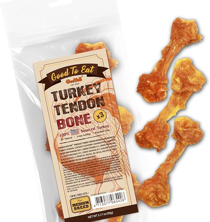 Gootoe Turkey Tendons for Dogs –All-Natural, Hypoallergenic Dog Treats, Rawhide Alternative, Long Lasting Puppy Chews, Healthy Dog Treats for Medium Breeds, Bone (M), 3 Count Pack