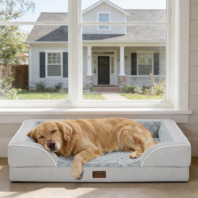 Orthopedic Dog Beds for Large Sized Dogs, Waterproof Memory Foam Large Pet Bed with Sides 36x27Inch, Non-Slip and Egg-Crate Foam Big Dog Couch Bed with Removable Washable Cover, Light Grey