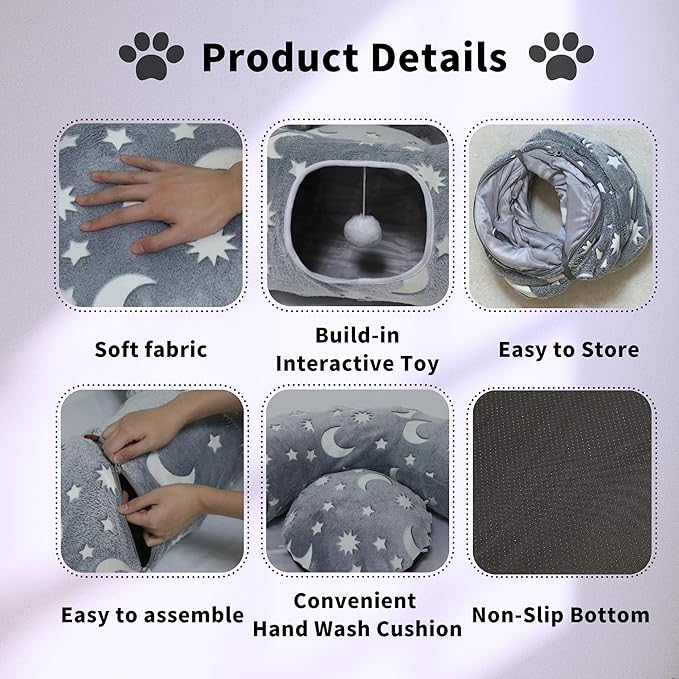 Cat Tunnel Bed for Indoor Cats with Washable Cushion Cat Cave Donut Tunnel with Fluffy Ball Big Round Tube Pet Playground Toys Soft Plush Peekaboo for Kitten, Cat, Puppy, Rabbit, Ferret（Moon Star）