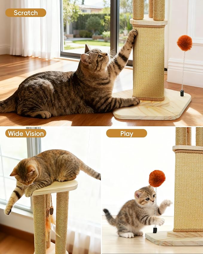 Cat Scratching Post, 26.3 Inch Scratch Post for Indoor Cats, Sisal Scratcher Posts for Medium/Small Cat, with Sturdy Wood Hexagonal Base, Silver Vine Feather Toy & Scratch Pad, Kitten Toys