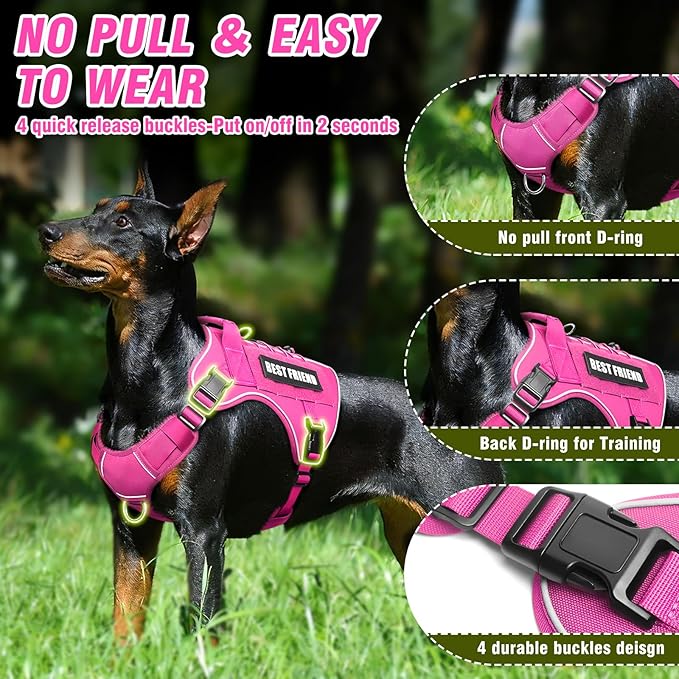 Tactical Dog Harness for Large Dogs,No Pull Military Dog Vest with Handle,Reflective Heavy Duty Pet Harness for Walking Hiking Training Pink L
