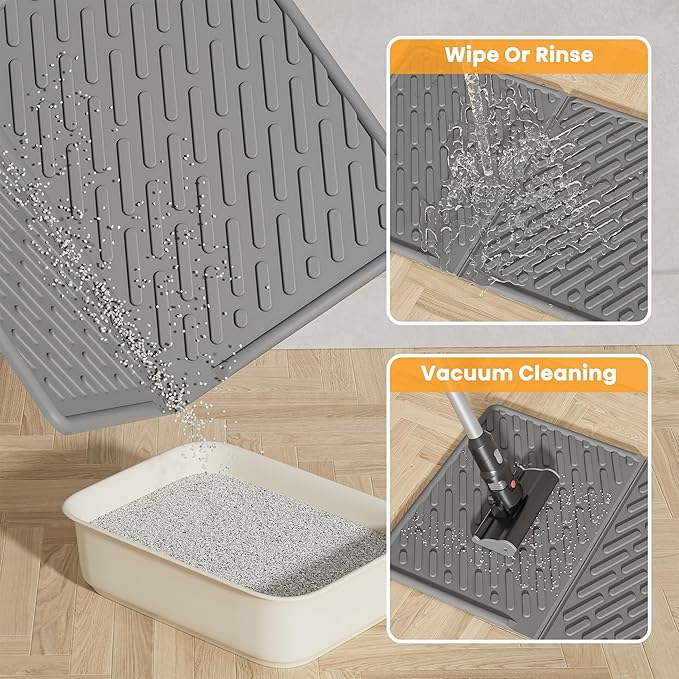 Pieviev Cat Litter Box Mat, 24"x 17" EVA Scratch Resistant Litter Trapping Mat, Easy Clean for Scatter Control, Soft on Kitty Paws, Waterproof & Urine Proof for Indoor Use, Gray