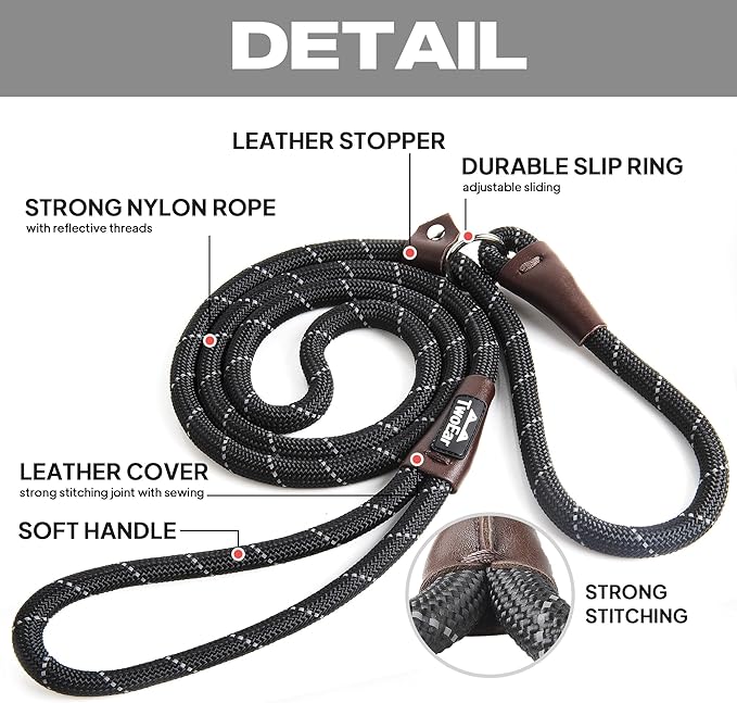 TwoEar Slip Leads for Dogs, 1/2" x 6FT Slip Leash for Large Dogs with Highly Reflective Threads, Comfortable Strong Rope Slip Leads, No Pull Pet Training Leash, Black
