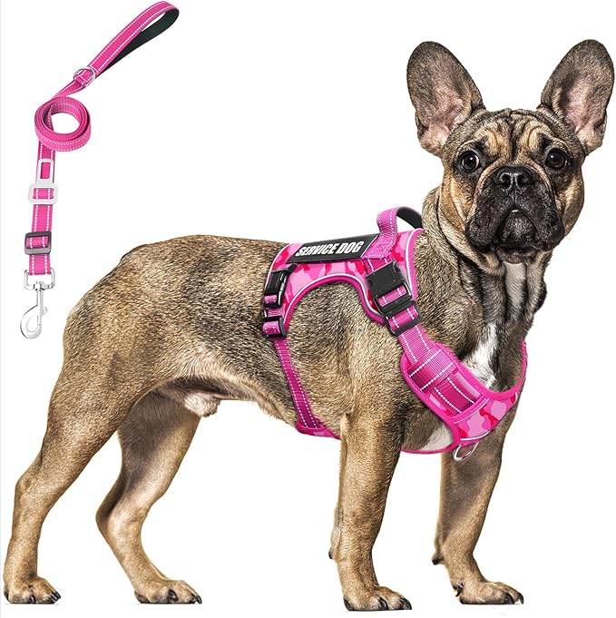 Tactical Service Dog Vest and Leash Set,Heavy Duty No Pull Dog Harness and 10 Patches with Dog Seat Belt for Medium Dogs,Reflective Pet Harness for Training Walking Hiking Camo Pink M