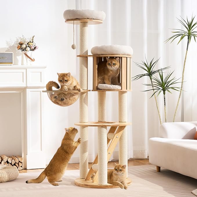 Cat Tree Modern Cat Tower for Large Cat with Scratching Post for Indoor, Solid Wood Multifunctional Cat Tower with Condo, Bed, Ladder, Space Capsule, Dangling Ball