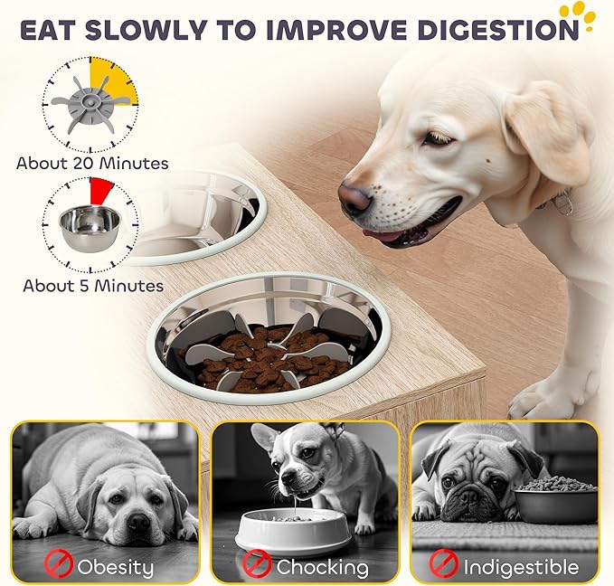 PawHut Elevated Dog Bowls with Storage Cabinet, Raised Dog Bowl Stand, Pet Feeding Station with Slow Feeder & Non-Slip, for Large Pets, Oak