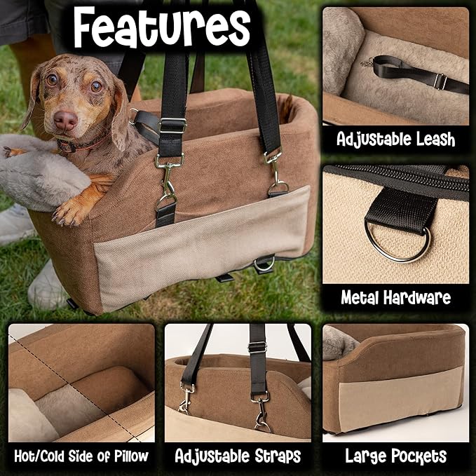 Center Console Dog Car Seat | 11 lbs MAX | Safety Straps & Leash | Comfortable Foam and Plush Pillows | Adjustable Mount Design | Large Storage Pockets | Perfect for Small Pets & Cats (Brown)