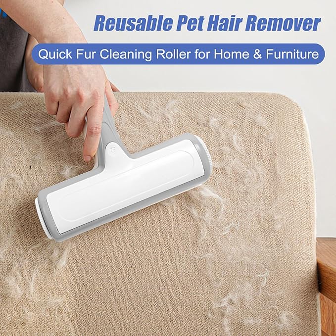 Pet Hair Removal Tool, Self Cleaning Pet Hair Remover, Reusable Lint Roller with Large Capacity Dust Bin, Ergonomic Grip for Furniture, Car Seats, Sofa, Carpet, Bed (Grey/White)