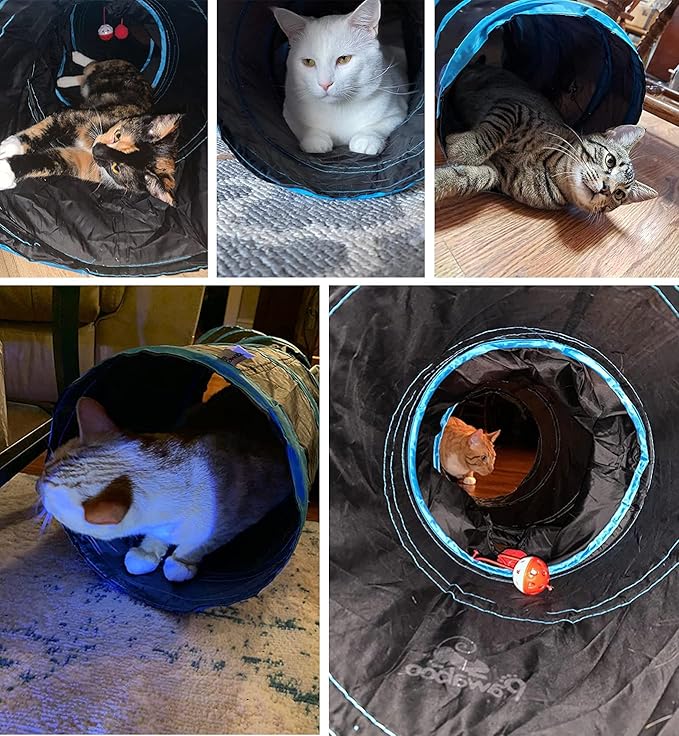 Pawaboo Cat Toys, Cat Tunnel Tube S-Shaped Tunnels 25x97cm Extensible Collapsible Cats Play Tent Interactive Toy Maze Cats House with Balls and Bells for Kitten Kitty Rabbit Small Animal, Blue