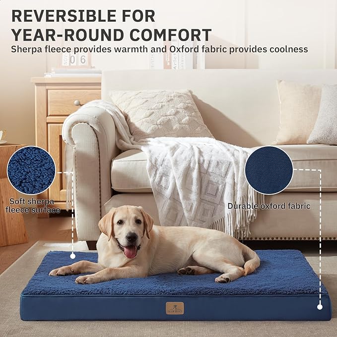 Bedfolks Orthopedic Dog Bed for Extra Large Dogs - Egg Foam Dog Crate Bed with Removable Waterproof Cover, Pet Bed Mat Suitable for Dogs and Pets Up to 90 lbs (41 x 29 x 3.5 inches, Navy)