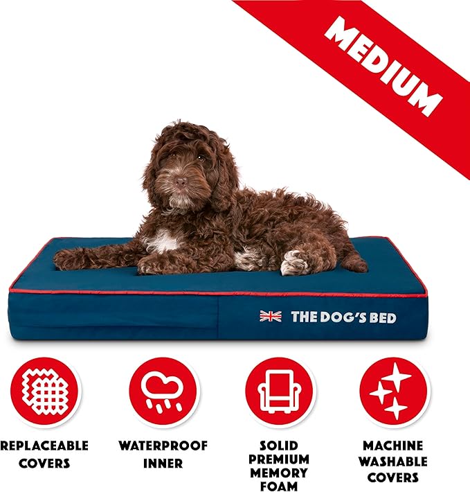 The Dog’s Bed Orthopedic Memory Foam Dog Bed Medium Blue Oxford with Red Trim UK Flag, Pain Relief for Arthritis, Hip & Elbow Dysplasia Post Surgery Supportive, Waterproof Washable Veterinary Approved