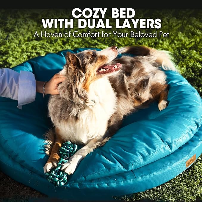 ClevaHome Orthopedic Dog Bed for Large Dogs, 36 inches Dual Layer Water Repellent Round Pet Bed with Washable Cover Nonslip Bottom（Mosaic Blue）