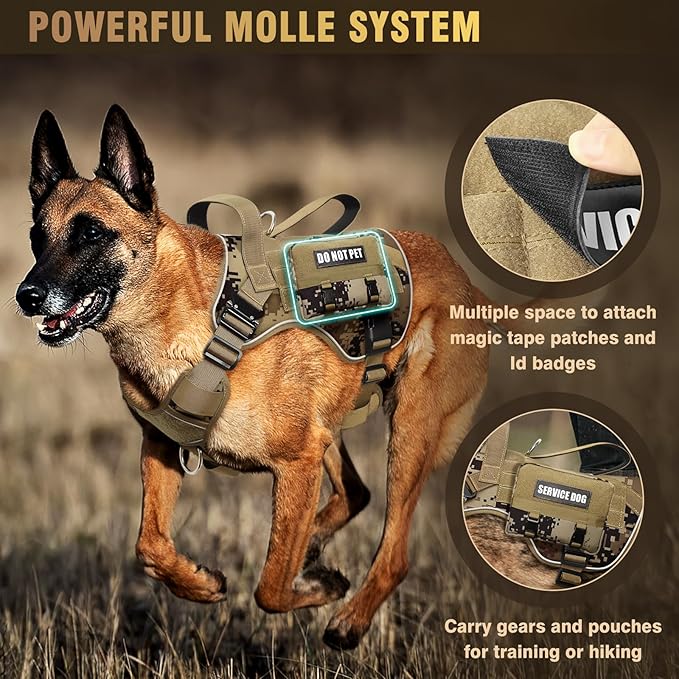 WINSEE Tactical Dog Harness for Large Dog, Heavy Duty Service Dog MOLLE Vest with 10 Pet Patches, No Pull Military Working Vest for Training Hunting Walking