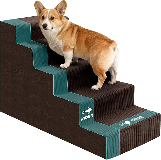 Dog Stairs for Bed, Extra Wide 5-Step Dog Steps for High Bed, High-Density Foam Pet Stairs with Non-Slip Removable Washable Cover for Small Pets, 23" H, Brown