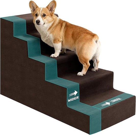 Dog Stairs for Bed, Extra Wide 5-Step Dog Steps for High Bed, High-Density Foam Pet Stairs with Non-Slip Removable Washable Cover for Small Pets, 23" H, Brown