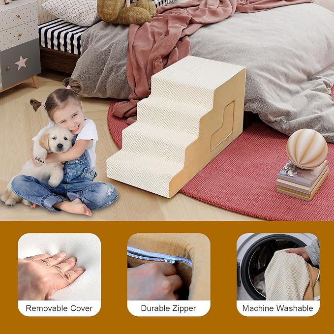 Dog Stairs for Small Dogs 27”H, 6-Step Dog Steps for High Bed, High-Density Foam Pet Stairs with Non-Slip Removable Washable Cover to Get on Bed(Beige)