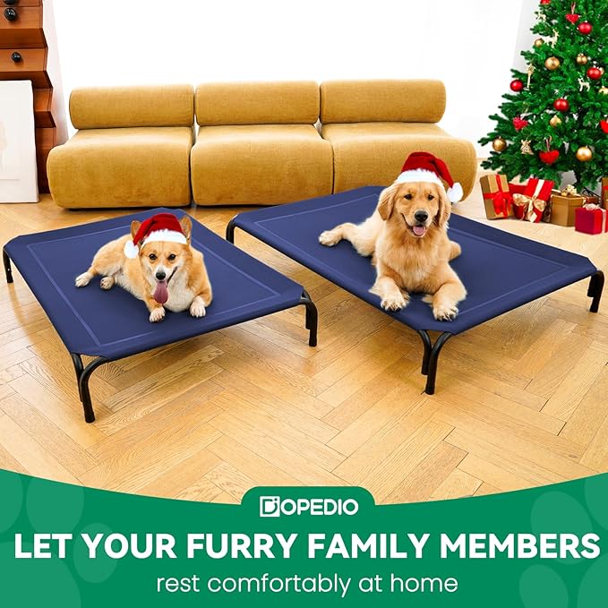 Elevated Dog Bed Raised Outdoor Dog Cot for Medium Dogs, Installation Requires No Tools, Frame with Washable Cooling Breathable Mesh Anti-Slip Feet, Indoor Pet Bed, Blue, 35.4 Inches