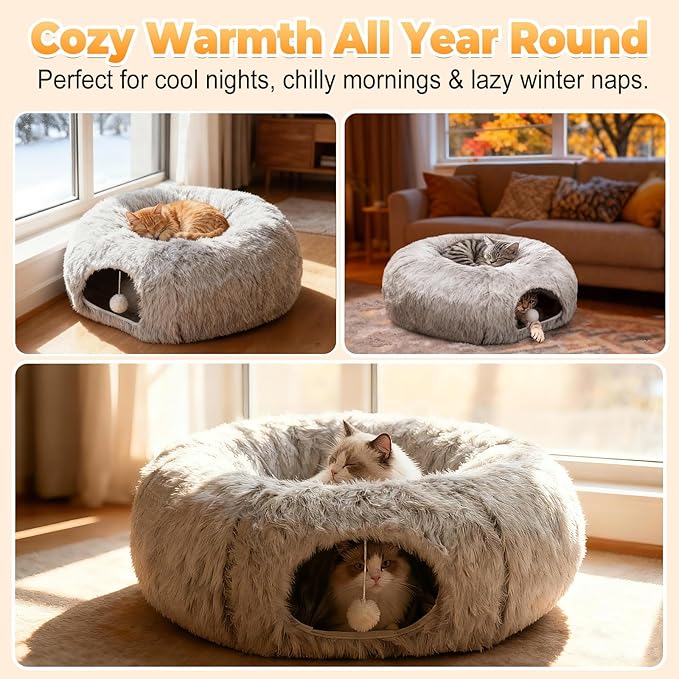 Heated Cat Bed Indoor – 31.5'' Cozy Warming Donut Cat Tunnel Bed with Timer & Temp Adjustable, Removable Waterproof Electric Heating pad, Play & Rest in One, Treat Your Kitty to Warmth & Fun