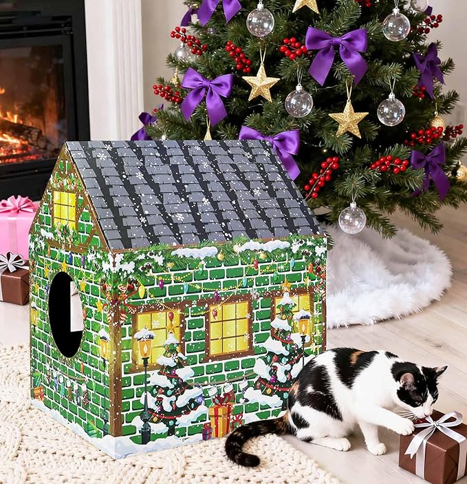 Christmas Cardboard Cat House with Scratch Pad Large Christmas Cat Scratching Playhouse Scratcher House for Indoor Xmas Cats Cardboard Cat Play Box (Red and Green)