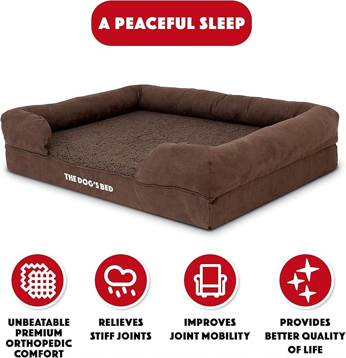 The Dog’s Bed, Large Brown Plush, Memory Foam, Pain Relief: Arthritis, Hip & Elbow Dysplasia, Post Surgery, Lameness, Supportive, Calming, Waterproof Washable Cover, Veterinary Approved