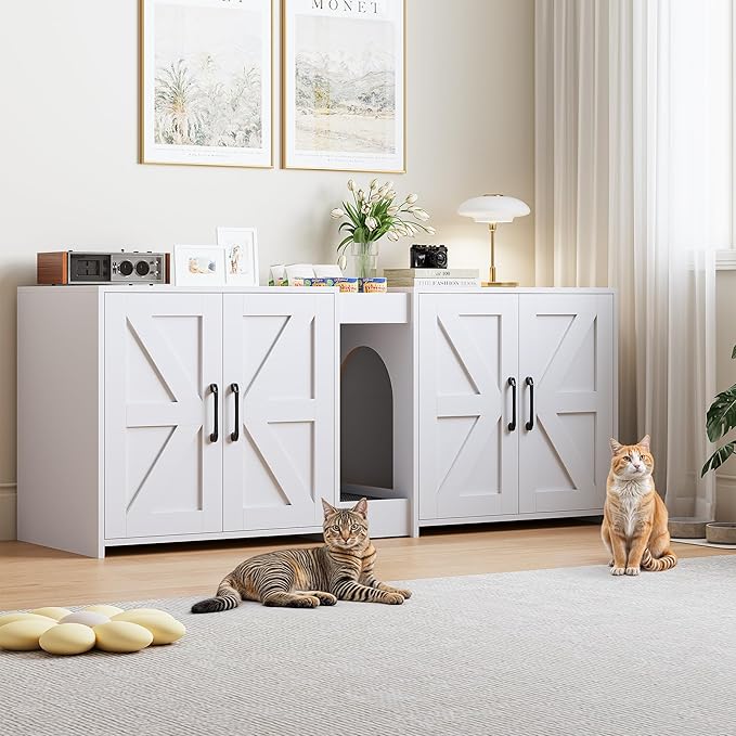 55" Cat Litter Box Enclosure, Double Litter Box Cabinet with Cat Bed, PVC Pad and Scratch Pad, Hidden Litter Box Furniture for 2 Cats with Storage and 2 Entrances, White